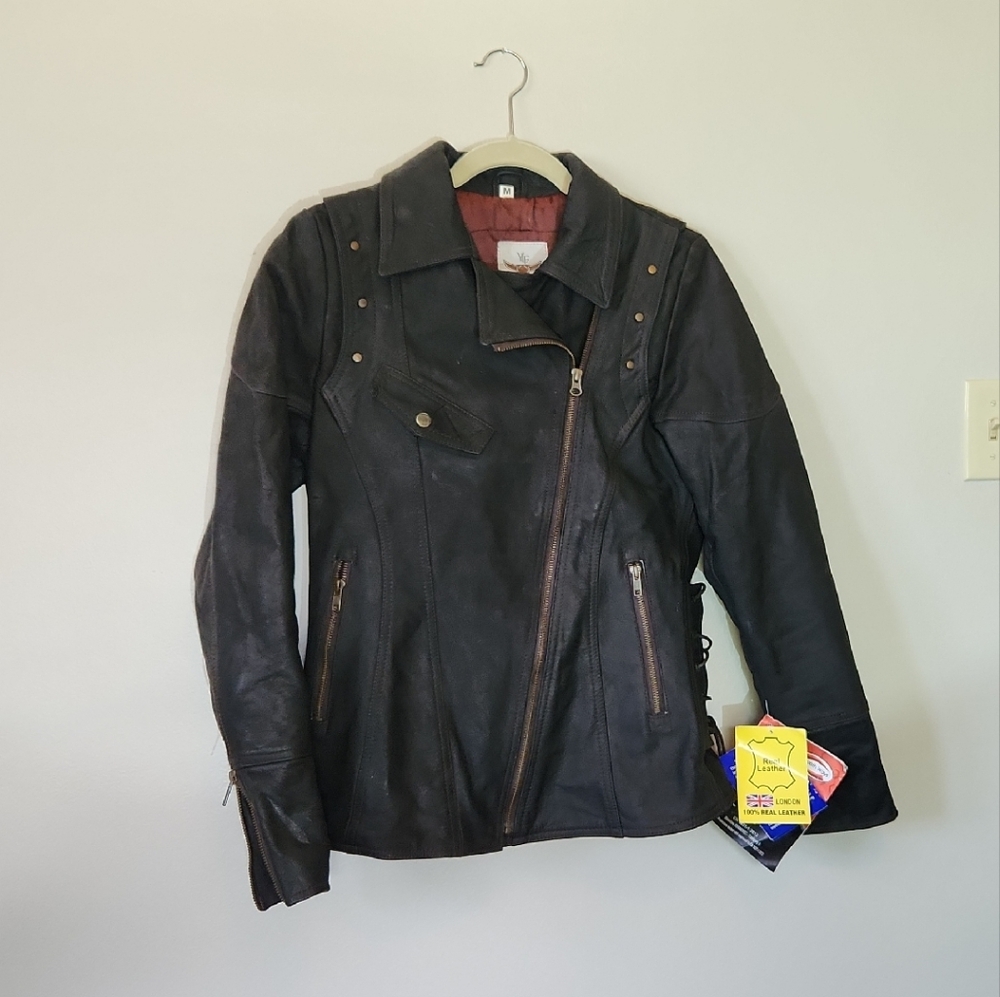 Women's Brown Armored Leather Jacket Size Medium Side Ties Sleeve Zippers